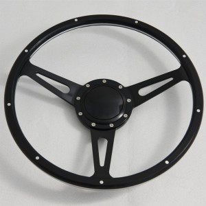 15” Aluminum Satin Spoke Classic Black Forest Steering Wheel with Wood Rim 9 Rivets