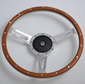 15” Aluminum Satin Spoke Classic Black Forest Steering Wheel with Wood Rim 9 Rivets
