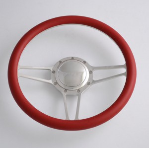 14 inch Billet Aluminum Steering Wheel with Red Leather Rim Half Wrap