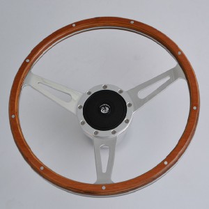 15” Aluminum Satin Spoke Classic Black Forest Steering Wheel with Wood Rim 9 Rivets