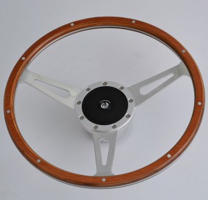 15” Aluminum Satin Spoke Classic Black Forest Steering Wheel with Wood Rim 9 Rivets