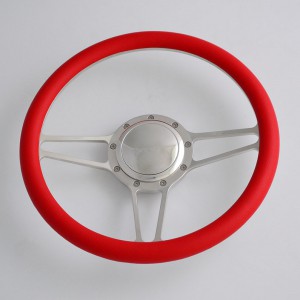 14 inch Billet Aluminum Steering Wheel with Red Leather Rim Half Wrap